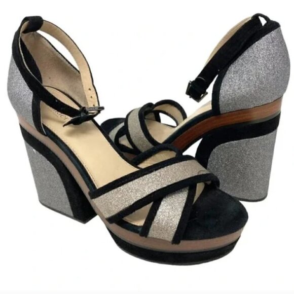 Botkier Paloma Glitter Silver & Black Suede Chunky Heel Sandals - Size 8 - Picture 1 of 10